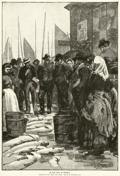 En fiskförsäljning på Whitby (gravyr) av William Barnes (after) Wollen