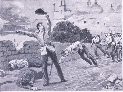 Carrying the Charbagu Bridge, Lucknow 25 september 1857, illustration från brittiska Battles on Land and Sea, 1915 av William Barnes Wollen