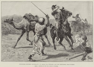Möte mellan löjtnant J R Beech, 21st Hussars och Two Dervishes, nära Suakin av William Barnes Wollen