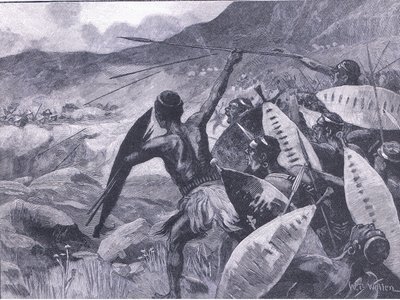 Fighting in the Matopos Hills: charge of the Matabele, illustration från Cassells History of England, 1900-talet av William Barnes Wollen