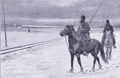 Vaktar järnvägen nära Mukden, illustration från Cassells History of the Russian-Japanese War Vol 1, c.1900 av William Barnes Wollen