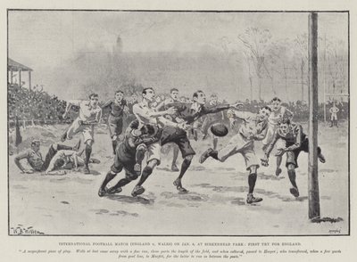 Internationell fotbollsmatch (England v Wales) den 6 januari, på Birkenhead Park, första försöket för England av William Barnes Wollen