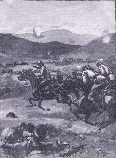 Slaget vid Colenso: Löjtnant Roberts galopperar för att hämta katastrofen till vapnen., illustration från Cassells History of England, 1900-talet av William Barnes Wollen