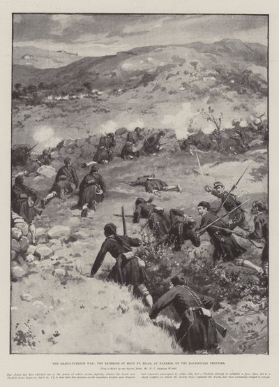 Det grekisk-turkiska kriget, skärmytslingen av Mont St Elias, vid Nazaros, vid den makedonska gränsen av William Barnes Wollen