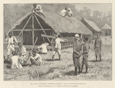 Lushai-expeditionen, Goorkhas bygger en hydda för att förvara sin reservutrustning. av William Barnes Wollen
