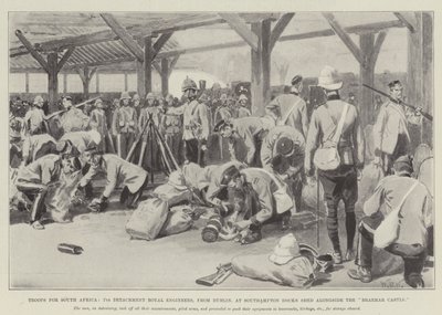 Trupper för Sydafrika, 7th Detachment Royal Engineers, från Dublin, vid Southampton Docks Shed bredvid Braemar Castle av William Barnes Wollen