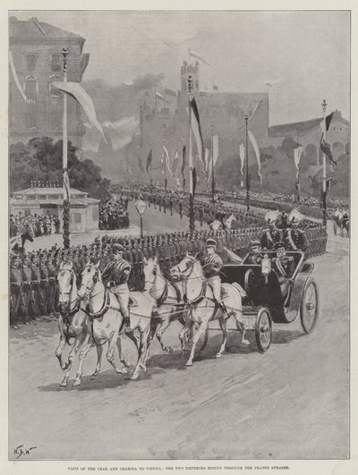 Besök av tsaren och tsarinen i Wien, de två kejsarna som rider genom Prater Strasse av William Barnes Wollen