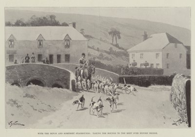 Med Devon och Somerset Staghounds, ta Hounds till mötet över Exford Bridge av William Barnes Wollen