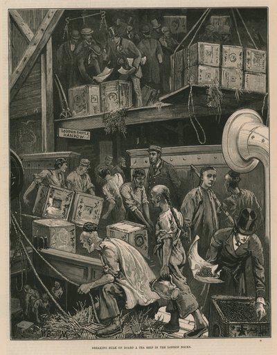 Att bryta bulk ombord på ett tefartyg i Londons hamnar (gravyr) av William Bazett Murray