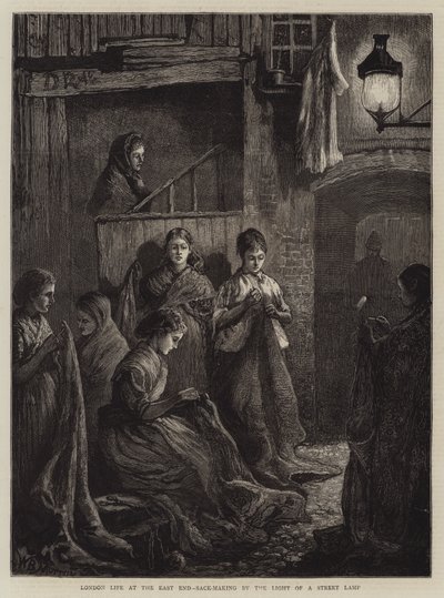 London Life at the East End, säcktillverkning av ljuset från en gatlykta (gravyr) av William Bazett Murray