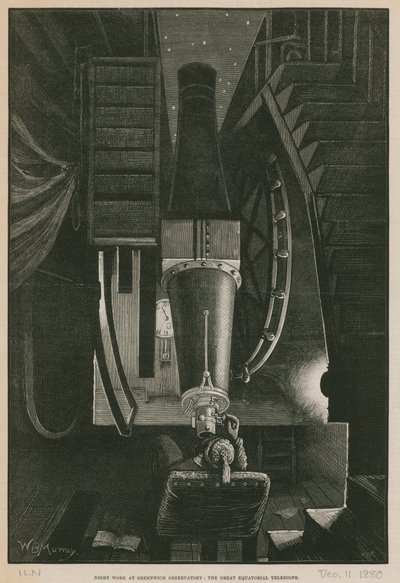 Nattarbete på Greenwich Observatory; Det stora ekvatorialteleskopet (gravyr) av William Bazett Murray
