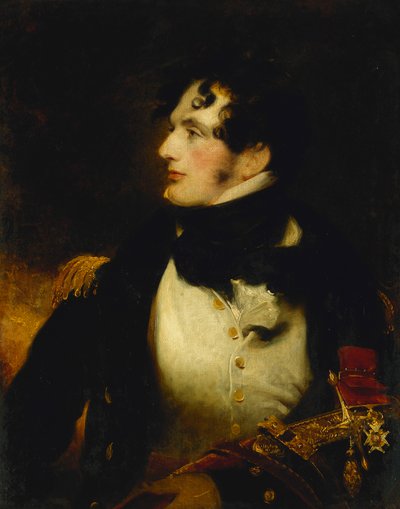Porträtt av en sjöofficer, halvlängd, i uniform, bärande ett presentationssvärd och bärande av en C.B.-bricka, av William Beechey