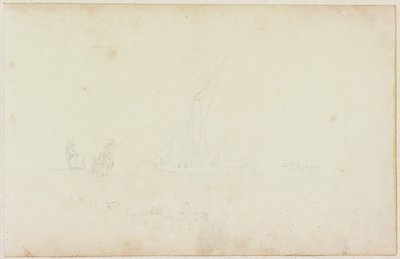 Skiss av fartygsroddbåt och ryttare med linje av hästar (penna på papper (på papper med M746)) av William Beilby