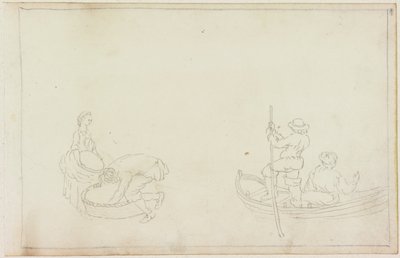 Två pråmar och man och kvinna med korg (penna på papper (på papper med M749)) av William Beilby