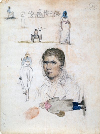 Åtta små teckningar, inklusive porträtt, figurstudier, vagnar, av konstnären William Berryman. av William Berryman