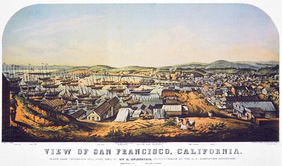 Utsikt över San Francisco, Kalifornien, från Telegraph Hill, april 1850 (lito i färg) av William Birch McMurtrie