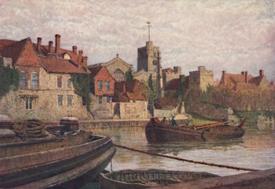 Maidstone. Baksidan av det antika palatset, kyrkan och Old College från andra sidan Medway, c1900 av William Biscombe Gardner