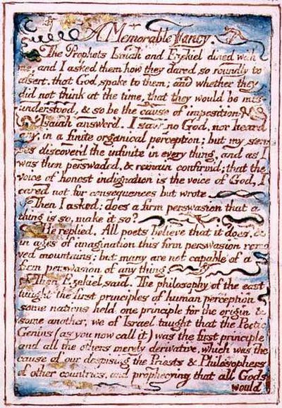 A Memorable Fancy, text från "The Marriage of Heaven and Hell", ca 1790-3 (reliefradering med penn- och akvarellfärg som avslutning) av William Blake