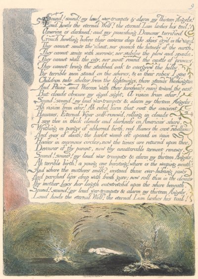 Amerika. En profetia, platta 11, ljud! Ljud! Mina högljudda krigstrumpeter .... av William Blake