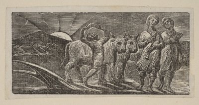 Boy Returning Joyfully, with Plow and Oxen, från Thorntons Pastorals of Virgil, 1821. av William Blake