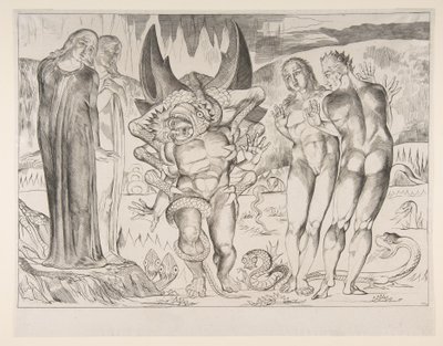 Circle of Thieves: Agnello Brunelleschi attackerad av en sexfotad orm, från Dan..., ca. 1825-27. av William Blake