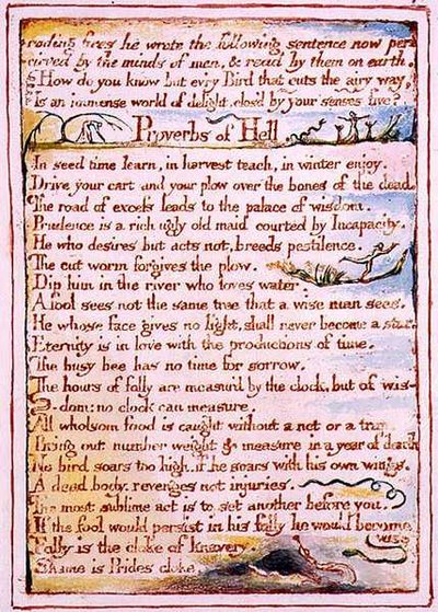 "I samband med att han förgiftade eldar skrev han följande...", text från "The Marriage of Heaven and Hell", c.1790-3 (reliefgrafitering med penn- och akvarellfärg som avslutning) av William Blake