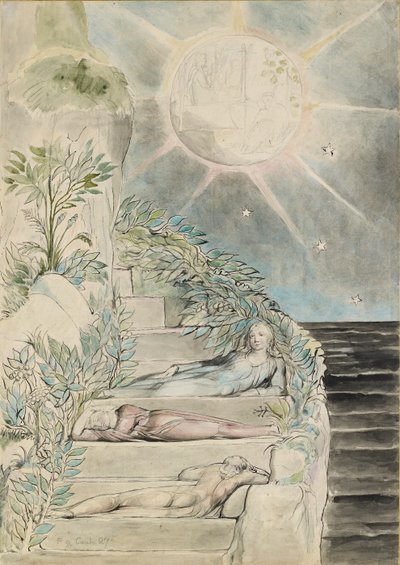 Dante och Statius sover, Vergilius tittar på illustrationen till "Den gudomliga komedin", Purgatorio XXVII, av William Blake