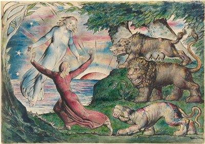 Dante springer från de tre djuren av William Blake