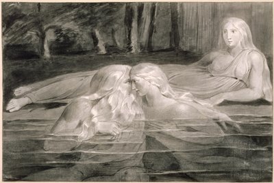 Har och Heva badar, Mnetha tittar på, ca 1785-89 (pensel, bläck och tvätt på papper) av William Blake