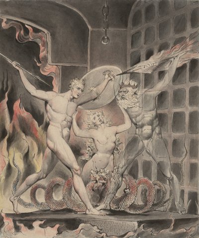 Illustration 2 till Miltons "Paradise Lost": Satan, synd och död: Satan kommer till helvetets portar, 1807 av William Blake