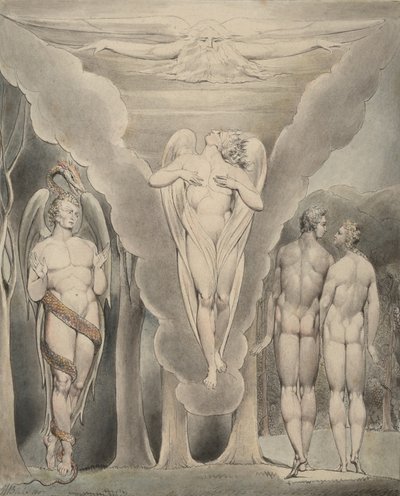 Illustration 4 till Miltons "Paradise Lost": Satan spionerar på Adam och Eva och Rafaels nedstigning till paradiset, 1807 av William Blake