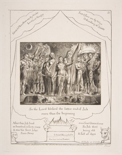 Job och hans fru återställde till välstånd, från Illustrationer av Jobs bok, 1825-26. av William Blake