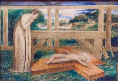 Jungfru Maria tillbedjer Jesusbarnet som sover på ett kors, ca 1799-1800 (tempera på duk) av William Blake