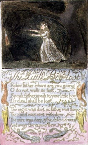 P.124-1950.pt12 The Little Boy Lost: plåt 12 från Songs of Innocence and of Experience (kopia R) c.1802-08 (etsning, tusch och akvarell) av William Blake