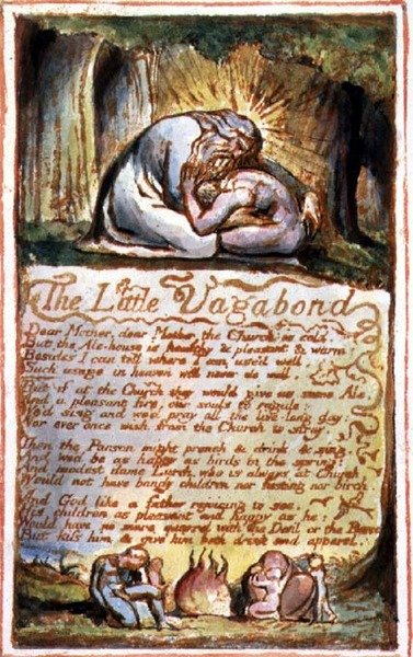 P.125-1950.pt45 Den lille vagabonden: plåt 45 från Songs of Innocence and of Experience (kopia AA) c.1815-26 (etsning, tusch och akvarell) av William Blake