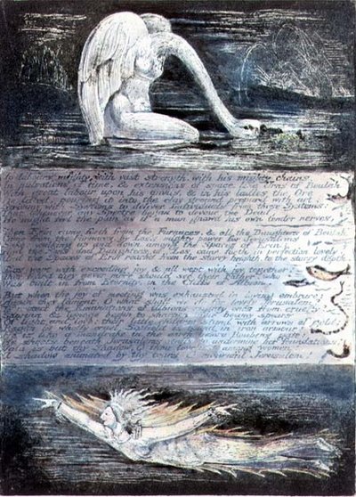 Tavla II, Jerusalem, ca 1804-20. Albions döttrar representerade av svanliknande och fiskliknande varelser av William Blake