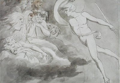 Satan närmar sig kaosdomstolen av William Blake