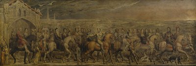 Sir Jeffrey Chaucer (ca 1342-1400) och de nio och tjugo pilgrimerna på deras resa till Canterbury (tempera på duk) av William Blake