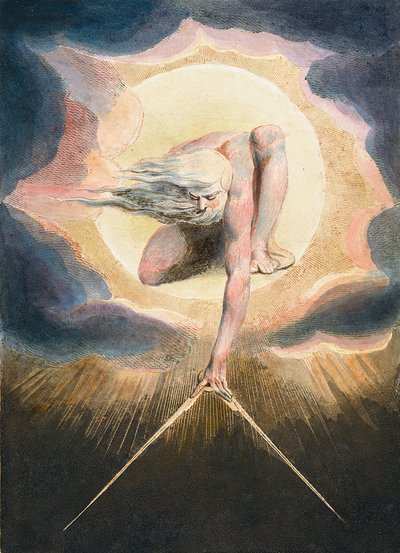 Dagarnas urgamla - Urizen mäter ut den materiella världen - Urizen mäter den materiella världen. Illustration av framsidan av boken "" Europa. Till profetia." Teckning av William Blake (1757-1827) av William Blake