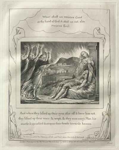Jobs bok: nr 7, Och när de hade lyft upp sina ögon på avstånd och inte kände honom..., 1825. av William Blake