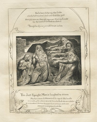 Jobs bok: Pl. 10, Den rättfärdiga mannen skrattas till förakt, 1825. av William Blake