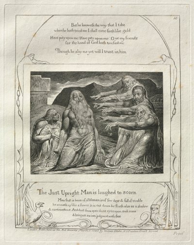 Jobs bok: Pl. 10, Den rättfärdiga mannen skrattas till förakt, 1825. av William Blake