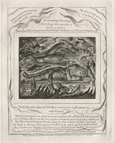 Jobs bok: Pl. 11, Med drömmar på min säng skrämmer du mig och skrämmer mig..., 1825. av William Blake