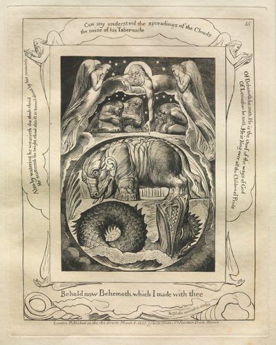 Jobs bok: Pl. 15, Se nu Behemoth som jag gjorde med dig, 1825. av William Blake