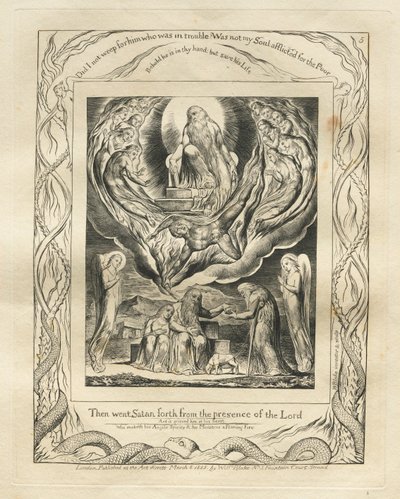 Jobs bok: Pl. 5, Sedan gick Satan ut från Herrens närvaro, 1825. av William Blake