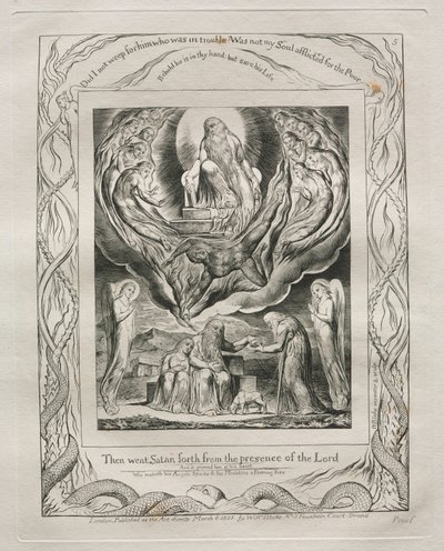 Jobs bok: Pl. 5, Sedan gick Satan ut från Herrens närvaro, 1825. av William Blake