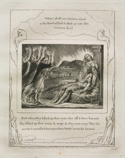 Jobs bok: Pl. 7, Och när de lyfte upp sina ögon på avstånd och kände honom inte..., 1825. av William Blake