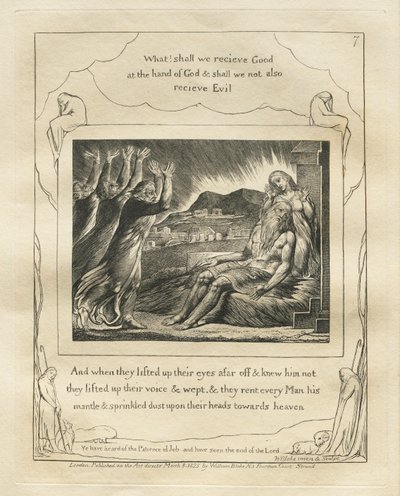 Jobs bok: Pl. 7, Och när de lyfte upp sina ögon på avstånd och kände honom inte..., 1825. av William Blake