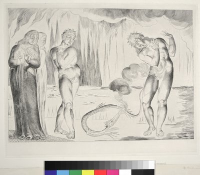 The Circle of Thieves: Buoso Donati Attacked by the Serpent, Inferno, Canto XXV, illustration till "Divine Comedy" av Dante Alighieri, 1827 av William Blake
