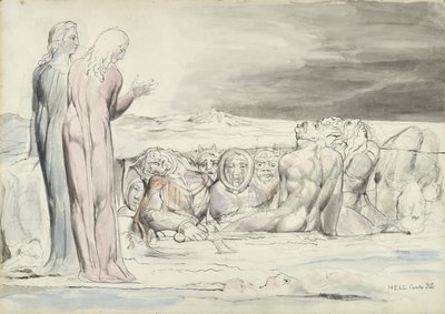 The Circle of Traitors: Alberti Brothers, illustration till den gudomliga komedin av Dante Alighieri, 1824-27 (penna och bläck med wc över penna och krita på papper) av William Blake